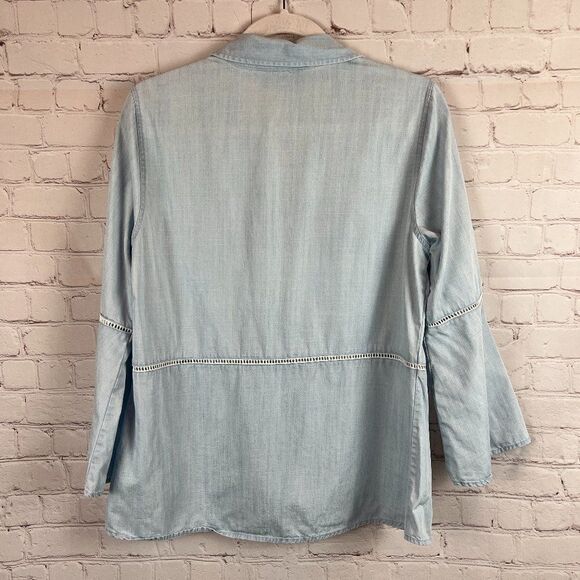 FOXCROFT light blue swing lace trim flared sleeve chambray tunic blouse top 8 - Picture 5 of 6